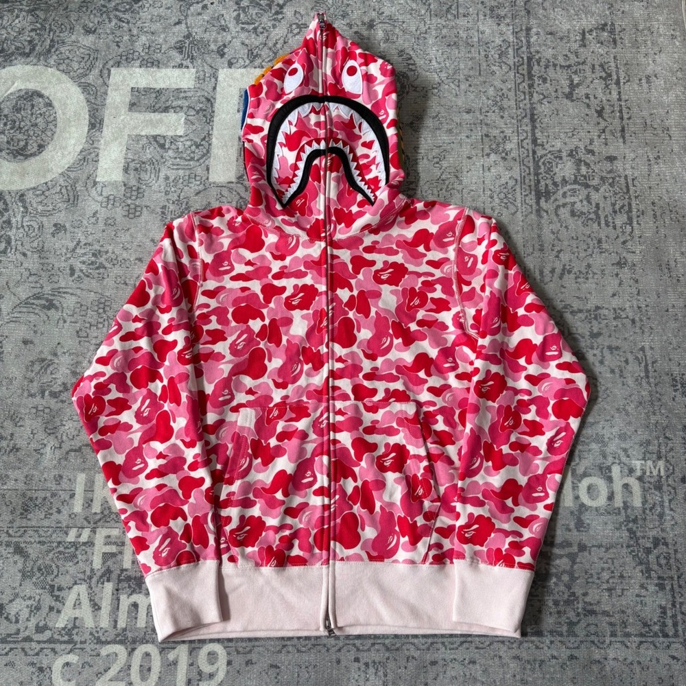BAPE ABC Camo Shark Full Zip Hoodie Mens Small Pink Red Streetwear Sweatshirt